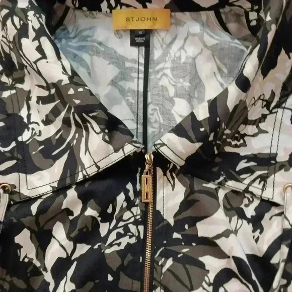 ST JOHN Womens Jacket Size 12 Full Zip Floral Black White - Picture 2 of 9